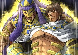  1boy 1girl ahoge animal_ears araki_hirohiko_(style) brown_hair cape dark_skin dio_brando dltkdrlf92 fate/grand_order fate_(series) highres jojo_no_kimyou_na_bouken long_hair manly mask muscle nitocris_(fate/grand_order) ozymandias_(fate) purple_hair speed_lines stand_(jojo) the_world very_long_hair violet_eyes white_cape 