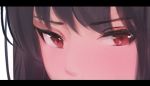  1girl absurdres bangs black_hair blush close-up eyebrows_visible_through_hair face highres letterboxed looking_at_viewer original red_eyes shimmer simple_background solo white_background 