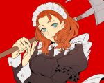  1girl annette_fantine_dominic axe fire_emblem fire_emblem:_three_houses green_eyes highres holding holding_axe long_sleeves maid maid_headdress mizuno_(iori-amu) orange_hair parted_lips simple_background solo upper_body white_background 