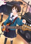  2girls absurdres bangs black_serafuku blue_eyes blush brown_hair cardigan dutch_angle eyebrows_visible_through_hair guitar highres indoors instrument looking_at_viewer multiple_girls original pleated_skirt school_uniform serafuku short_hair skirt sleeves_past_wrists smile solo speaker standing taka_(tsmix) 