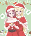  2girls blonde_hair blue_eyes blush box christmas gift gift_box green_background grin hand_on_another&#039;s_shoulder hat heart holding holding_gift long_hair multiple_girls musical_note new_game! one_eye_closed purple_hair santa_costume santa_dress santa_hat short_hair short_sleeves smile spoken_heart spoken_musical_note tooyama_rin violet_eyes yagami_kou yuri yuuki_(yunky373) 