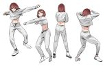  1girl arms_up back bangs bob_cut breasts brown_eyes crop_top dancing drawing drawstring from_behind joongchel_kim looking_at_viewer medium_breasts midriff navel open_mouth original outstretched_arm pants redhead shirt shoes short_hair simple_background smile sneakers white_background white_footwear white_legwear white_shirt 