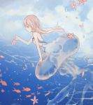  1girl baiju_(white) bare_shoulders blue_sky breasts day dress flower jellyfish light_brown_hair original outdoors personification petals profile school_of_fish sky small_breasts water 