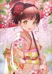  1girl :d bangs blurry blurry_background blush braid brown_eyes checkered commentary_request day depth_of_field eyebrows_visible_through_hair floral_print flower hair_flower hair_ornament highres holding holding_umbrella japanese_clothes kimono long_sleeves obi oli open_mouth oriental_umbrella original outdoors petals pink_kimono print_kimono red_flower redhead sash short_hair short_ponytail smile solo tareme umbrella upper_body wisteria 