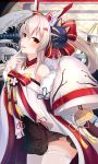 1girl ayanami_(azur_lane) ayanami_(pulse_of_the_new_year)_(azur_lane) azur_lane bare_shoulders black_skirt brown_hair chinese_zodiac commentary_request cowboy_shot ema fine_art_parody finger_to_mouth fox_mask fur_trim hair_ornament highres holding japanese_clothes long_hair long_sleeves looking_at_viewer mask mask_on_head nihonga nya_rl off_shoulder orange_eyes parody ponytail red_ribbon ribbon skirt solo thigh-highs tongue tongue_out waves white_legwear wide_sleeves year_of_the_rat zettai_ryouiki 