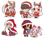  4boys :o anna_(sennen_sensou_aigis) barbastoff_(sennen_sensou_aigis) beard black_footwear black_hair blush bow brown_hair cape chibi closed_eyes coat eden_(sennen_sensou_aigis) facial_hair gift gloves goatee hair_bow hair_over_eyes hairband hand_up hat helmet hood long_hair mizuki_eiru_(akagi_kurage) mortimer_(sennen_sensou_aigis) multiple_boys over_shoulder pointy_ears prince_(sennen_sensou_aigis) red_bow red_cape red_coat red_hairband sack santa_costume santa_hat sennen_sensou_aigis silver_hair simple_background squatting twintails vincent_(sennen_sensou_aigis) white_background white_hair 