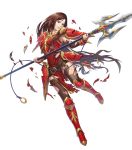  1girl altena_(fire_emblem) armor armored_boots bangs boots breastplate brown_eyes brown_hair dress elbow_gloves fire_emblem fire_emblem:_thracia_776 fire_emblem_heroes full_body gloves headband highres lips lipstick long_hair makeup official_art pelvic_curtain red_armor red_dress short_dress shoulder_armor solo thigh-highs thigh_strap 