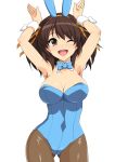  1girl animal_ears arms_up ass_visible_through_thighs bangs black_legwear blue_bow blue_leotard bow bowtie breasts brown_eyes brown_hair bunny_pose cowboy_shot detached_collar eyebrows_visible_through_hair fake_animal_ears hair_between_eyes haruhisky highres large_breasts legs_apart leotard looking_at_viewer medium_hair one_eye_closed open_mouth pantyhose rabbit_ears ribbon round_teeth shiny shiny_hair simple_background smile solo strapless strapless_leotard suzumiya_haruhi suzumiya_haruhi_no_yuuutsu teeth thighs tongue white_background wide_hips wrist_cuffs yellow_ribbon 