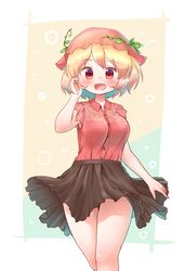  1girl aki_minoriko arinu black_skirt blonde_hair blouse blush cowboy_shot eyebrows_visible_through_hair hand_in_hair hat leaf looking_at_viewer open_mouth plant red_blouse red_eyes red_headwear short_hair skirt solo standing thigh_gap touhou vines 