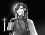  1boy armor candle cape gloves greyscale hair_over_one_eye holding holding_candle japanese_armor long_hair male_focus monochrome multiple_boys nikkari_aoe shoulder_armor smile sode solo touken_ranbu yway1101 