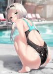  1girl an-94_(girls_frontline) aqua_eyes ass back back_cutout bangs bare_legs bare_shoulders barefoot black_hairband black_swimsuit blurry blurry_background blush closed_mouth commentary_request competition_swimsuit depth_of_field eyebrows_visible_through_hair from_behind frown full_body girls_frontline hairband highres long_hair looking_at_viewer looking_back one-piece_swimsuit outdoors pool poolside shirosaba signature silver_hair solo swimsuit twintails water wavy_mouth 