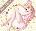  1girl ahoge akamatsu_kaede alternate_costume animal_ears artist_name bangs bare_shoulders barefoot blonde_hair breasts cheese commentary_request dangan_ronpa eyebrows_visible_through_hair food from_side hair_ornament highres large_breasts long_hair long_legs looking_at_viewer mouse_ears musical_note musical_note_hair_ornament nabekokoa new_dangan_ronpa_v3 pink_shorts shorts tagme violet_eyes 