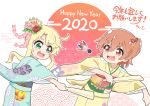  2020 2girls :3 :d aayh absurdres bangs blonde_hair blue_kimono blush brown_hair brown_kimono commentary_request egasumi eyebrows_visible_through_hair floral_print flower green_eyes hagoita hair_between_eyes hair_bun hair_flower hair_ornament hanetsuki happy_new_year highres himesaka_noa hoshino_hinata japanese_clothes kimono long_hair long_sleeves multiple_girls new_year obi one_side_up open_mouth paddle pink_flower print_kimono red_eyes red_flower sash shuttlecock smile translation_request watashi_ni_tenshi_ga_maiorita! white_background wide_sleeves 