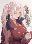  1girl alternate_hairstyle artist_name breasts candle cape commentary cup dress edelgard_von_hresvelg english_commentary fire_emblem fire_emblem:_three_houses gloves holding holding_cup kanapy large_breasts lips long_hair looking_at_viewer ponytail red_cape red_dress red_gloves side_ponytail solo teacup violet_eyes white_hair 