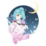  1girl 223_(pixiv332210012) absurdres blush bug butterfly collarbone crescent_moon cup earrings hair_bun highres hololive insect japanese_clothes jewelry kimono looking_at_viewer looking_to_the_side medium_hair moon multicolored_hair red_eyes sakazuki smile solo uruha_rushia virtual_youtuber 