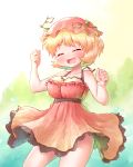  1girl aki_minoriko arinu blonde_hair blush clenched_hands closed_eyes collarbone cowboy_shot dress hat highres leaf open_mouth plant red_dress red_headwear short_hair sleeveless sleeveless_dress smile solo touhou vines wheat_print 