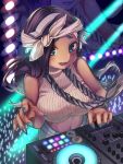  1girl aqua_nails bare_arms bare_shoulders black_hair braid breasts crop_top cropped_sweater dark_skin dj fingernails floating_hair furrowed_eyebrows green_eyes hands_up headband headphones highres humanization iida_(splatoon) long_fingernails long_hair looking_at_viewer meruko-san midriff mixing_console mole mole_under_mouth nail_polish navel navel_piercing open_mouth pants phonograph piercing sharp_fingernails sleeveless sleeveless_sweater smile solo splatoon_(series) splatoon_2 stage_lights stomach sweater turntable turtleneck turtleneck_sweater twin_braids upper_body watch watch 