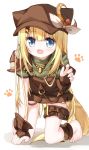  1girl :d all_fours animal_ears animal_hat bangs barefoot blonde_hair blue_eyes blush bridal_gauntlets brown_headwear cabbie_hat commentary_request eyebrows_visible_through_hair fake_animal_ears fang full_body green_shirt hair_ornament hat long_hair looking_at_viewer open_mouth original overall_skirt shadow shirt short_sleeves smile solo tail very_long_hair white_background x_hair_ornament yuuhagi_(amaretto-no-natsu) 