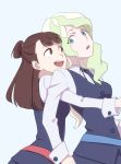  2girls blonde_hair blue_eyes blue_sash blush brown_hair couple diana_cavendish happy hug hug_from_behind kagari_atsuko little_witch_academia long_hair luna_nova_school_uniform mitsuko_(4afe6300) multicolored_hair multiple_girls open_mouth red_eyes red_sash school_uniform smile surprised two-tone_hair uniform wavy_hair yuri 