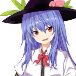  1girl :d bangs black_headwear blue_hair blush bow bowtie center_frills commentary_request eyebrows_visible_through_hair food fruit hair_between_eyes head_tilt hinanawi_tenshi leaf long_hair looking_at_viewer open_mouth peach puffy_short_sleeves puffy_sleeves red_bow red_eyes red_neckwear ronia shirt short_sleeves simple_background smile solo touhou upper_body white_background white_shirt 