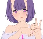  1girl blush fate/grand_order fate_(series) heart heart_eyes horns incloud oni oni_horns purple_hair short_hair shuten_douji_(fate/grand_order) simple_background sketch smile solo tongue violet_eyes white_background 