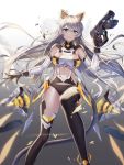  1girl aliceblue animal_ears black_gloves black_legwear blue_eyes blush boots breasts character_name gloves gun hair_between_eyes hair_ornament hairclip hand_up highres holding holding_gun holding_weapon honkai_(series) honkai_impact_3rd kiana_kaslana leg_up leotard long_hair mechanical_ears medium_breasts midriff navel navel_cutout shards sideless_outfit silver_hair smile solo tail thigh-highs thigh_boots thighs very_long_hair weapon wings 