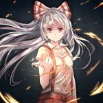  1girl bangs black_background bow breasts clenched_hand commentary_request fire floating_hair fujiwara_no_mokou hair_bow hand_up highres long_hair looking_at_viewer pants red_eyes red_pants shirt short_sleeves silver_hair small_breasts solo suspenders teardrop torottye touhou upper_body v-shaped_eyebrows white_bow white_shirt 