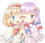  2girls ;) ;d alice_margatroid arnest bangs blonde_hair blue_bow blue_eyes blush bow bowtie capelet commentary_request crescent crescent_hair_ornament dress eyebrows_visible_through_hair frilled_capelet frilled_hairband frilled_sleeves frills hair_bow hair_ornament hairband holding_hands lolita_hairband long_hair long_sleeves looking_at_another multiple_girls no_hat no_headwear one_eye_closed open_mouth patchouli_knowledge purple_capelet purple_dress purple_hair red_bow red_hairband red_neckwear short_hair sidelocks simple_background smile touhou upper_body violet_eyes white_background white_capelet 