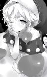  1girl ;) absurdres arm_support black_background bright_pupils doremy_sweet dream_soul dress fingernails greyscale hat highres looking_at_viewer make_maketan monochrome one_eye_closed pom_pom_(clothes) short_hair smile solo touhou upper_body 