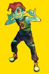  1boy english_commentary green_shirt highres looking_at_viewer male_focus mohawk orange_eyes orange_hair pants personification salmonid scales sharp_teeth shirt shoes simple_background sneakers solo splatoon_(series) splatoon_2 tank_top teeth torn_clothes torn_pants yellow_background 