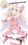  1girl arm_up blonde_hair blush eyebrows_visible_through_hair fate/kaleid_liner_prisma_illya fate_(series) feathers gloves hand_up illyasviel_von_einzbern ixy leg_garter long_hair magical_girl magical_ruby open_mouth pink_eyes prisma_illya red_eyes simple_background skirt smile solo star thigh-highs white_background white_gloves white_skirt 