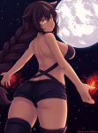  1girl ass bangs bare_shoulders black_hair black_legwear braid breasts crystal dark_skin eyebrows_visible_through_hair fang fast-runner-2024 from_behind full_moon hair_between_eyes hair_flaps highres jahy jahy_sama_wa_kujikenai long_hair looking_at_viewer medium_breasts moon night night_sky open_mouth revealing_clothes shorts single_braid sky slit_pupils solo star_(sky) starry_sky strapless thigh-highs under_boob very_long_hair watermark web_address yellow_eyes 