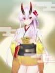  1girl 2020 absurdres alternate_costume alternate_hairstyle bow chinese_zodiac commentary_request ema fate/grand_order fate_(series) hair_bow hair_over_shoulder highres japanese_clothes kimono light_blush lightbear long_hair looking_at_viewer new_year obi oni_horns red_bow red_eyes red_horns sash sidelocks silver_hair slit_pupils smile solo tomoe_gozen_(fate/grand_order) year_of_the_rat 