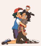  absurdres baseball_cap black_hair black_pants blue_eyes blue_footwear blue_vest blush bruise commentary_request dark_skin dark_skinned_male exposed_pocket gou_(pokemon) grey_footwear grey_shirt hair_ornament hairclip hat highres holding holding_poke_ball hug injury looking_to_the_side nico_o0 one_eye_closed open_mouth pants pocket poke_ball poke_ball_(generic) pokemon pokemon_(anime) pokemon_swsh_(anime) satoshi_(pokemon) shirt shoes short_sleeves sneakers spiky_hair sweat upper_teeth vest white_background white_shirt |d 