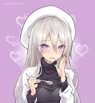  1girl azur_lane beret blush coat enterprise_(azur_lane) hat long_hair long_sleeves open_mouth phandit_thirathon solo spoon turtleneck violet_eyes white_hair 