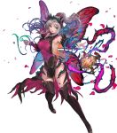  1girl bangs bare_shoulders boots breasts dress fairy_wings fire_emblem fire_emblem_heroes grey_hair hair_ornament highres large_breasts long_hair official_art pelvic_curtain plumeria_(fire_emblem) pointy_ears red_eyes shiny shiny_clothes shiny_hair shiny_skin sleeveless solo thigh-highs thigh_boots thorns tied_hair transparent_background wings 