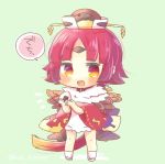  1girl :d absurdly_long_hair apron bangs benienma_(fate/grand_order) blush brown_headwear chibi eyebrows_visible_through_hair fate/grand_order fate_(series) food full_body green_background hat holding holding_food japanese_clothes kimono kouu_hiyoyo long_hair looking_at_viewer low_ponytail lowres onigiri open_mouth parted_bangs ponytail red_eyes red_kimono redhead short_sleeves smile socks solo standing translation_request very_long_hair white_apron white_legwear wide_sleeves 