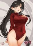  1girl ahoge alternate_costume black_hair brown_eyes commentary_request cowboy_shot dated grey_background hand_on_own_chest kantai_collection leotard long_hair long_sleeves low-tied_long_hair red_leotard shouhou_(kantai_collection) signature solo standing toka_(marchlizard) turtleneck turtleneck_leotard 