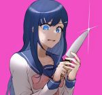  1girl blue_eyes blue_hair bow collarbone commentary_request dangan_ronpa dangan_ronpa_1 hair_between_eyes hair_ornament hairclip highres holding holding_knife knife long_hair long_sleeves maizono_sayaka open_mouth pink_background pink_bow school_uniform serafuku simple_background solo zabe_o 