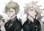  2boys ahoge amami_rantarou antenna_hair artist_name black_gloves black_jacket black_neckwear commentary_request dangan_ronpa ear_piercing eyebrows_visible_through_hair face formal gloves green_hair hair_between_eyes jacket komaeda_nagito looking_at_viewer medium_hair multiple_boys necktie new_dangan_ronpa_v3 pale_skin piercing short_hair smile suit super_dangan_ronpa_2 white_gloves white_hair z-epto_(chat-noir86) 