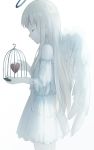  1girl angel baiju_(white) cage closed_eyes dress halo heart holding_cage long_hair original profile solo standing very_long_hair white_background white_dress white_wings wings 