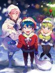  1girl 2boys ahoge arm_at_side asmodeus_alice bangs blue_gloves blue_hair blush boots christmas christmas_tree coat demon_horns demon_tail gift gloves green_hair green_headwear hat highres horns jewelry long_hair looking_at_viewer mairimashita!_iruma-kun manami_(aph-23) multiple_boys pantyhose pink_hair pocket pointy_ears red_eyes red_headwear red_nails sack snow snowing standing suzuki_iruma tail valac_clara violet_eyes 