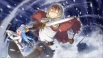  1boy 1girl aqua_(konosuba) belt blue_eyes blue_hair blush breasts cold hair_ornament kono_subarashii_sekai_ni_shukufuku_wo! long_hair official_art open_mouth satou_kazuma scarf snow snowing sword thigh-highs weapon winter winter_clothes 