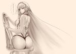  1girl altera_(fate) ass blush breasts chair fate/grand_order fate_(series) from_behind hayama_kazusa highres looking_back midriff monochrome sitting veil 