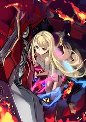  1girl bare_shoulders blonde_hair brown_eyes closed_mouth collarbone electricity extra_eyes eyebrows_visible_through_hair fire highres long_hair monster monster_strike morikawa_(futomayu) red_eyes sketch smile 