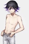  alternate_costume belt black_hair commentary_request dangan_ronpa eyebrows_visible_through_hair grin hair_between_eyes highres looking_at_viewer new_dangan_ronpa_v3 ouma_kokichi pants purple_hair simple_background smile topless violet_eyes white_background white_pants zabe_o 