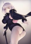 1girl ahoge ass bangs black_dress black_panties blue_coat breasts coat dress fate/grand_order fate_(series) female_ass from_below fur-trimmed_coat fur_trim gradient gradient_background highres itaco1987 jeanne_d&#039;arc_(alter)_(fate) jeanne_d&#039;arc_(fate)_(all) large_breasts looking_at_viewer open_mouth pale_skin panties short_dress short_hair silver_hair solo sword thighs underwear weapon wicked_dragon_witch_ver._shinjuku_1999 yellow_eyes