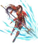  1girl altena_(fire_emblem) armor armored_boots bangs boots breastplate brown_eyes brown_hair dress elbow_gloves fire_emblem fire_emblem:_thracia_776 fire_emblem_heroes full_body gloves headband highres lips lipstick long_hair makeup official_art pelvic_curtain red_armor red_dress short_dress shoulder_armor solo thigh-highs thigh_strap 