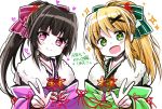  2girls akatsuki_kirika black_hair blonde_hair bow green_eyes hair_bow hair_ornament hairclip heart heart-shaped_pupils hukin_ame japanese_clothes kimono multiple_girls pink_eyes ponytail senki_zesshou_symphogear sparkling_eyes symbol-shaped_pupils tsukuyomi_shirabe v white_background 