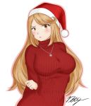  1girl blonde_hair blush breasts christmas draconety hat highres jewelry large_breasts lipstick long_hair monolith_soft monster_games mythra_(xenoblade) necklace nintendo santa_hat signature solo sweater tsundere turtleneck turtleneck_sweater very_long_hair watermark xenoblade_(series) xenoblade_2 xenoblade_chronicles_2 yellow_eyes 